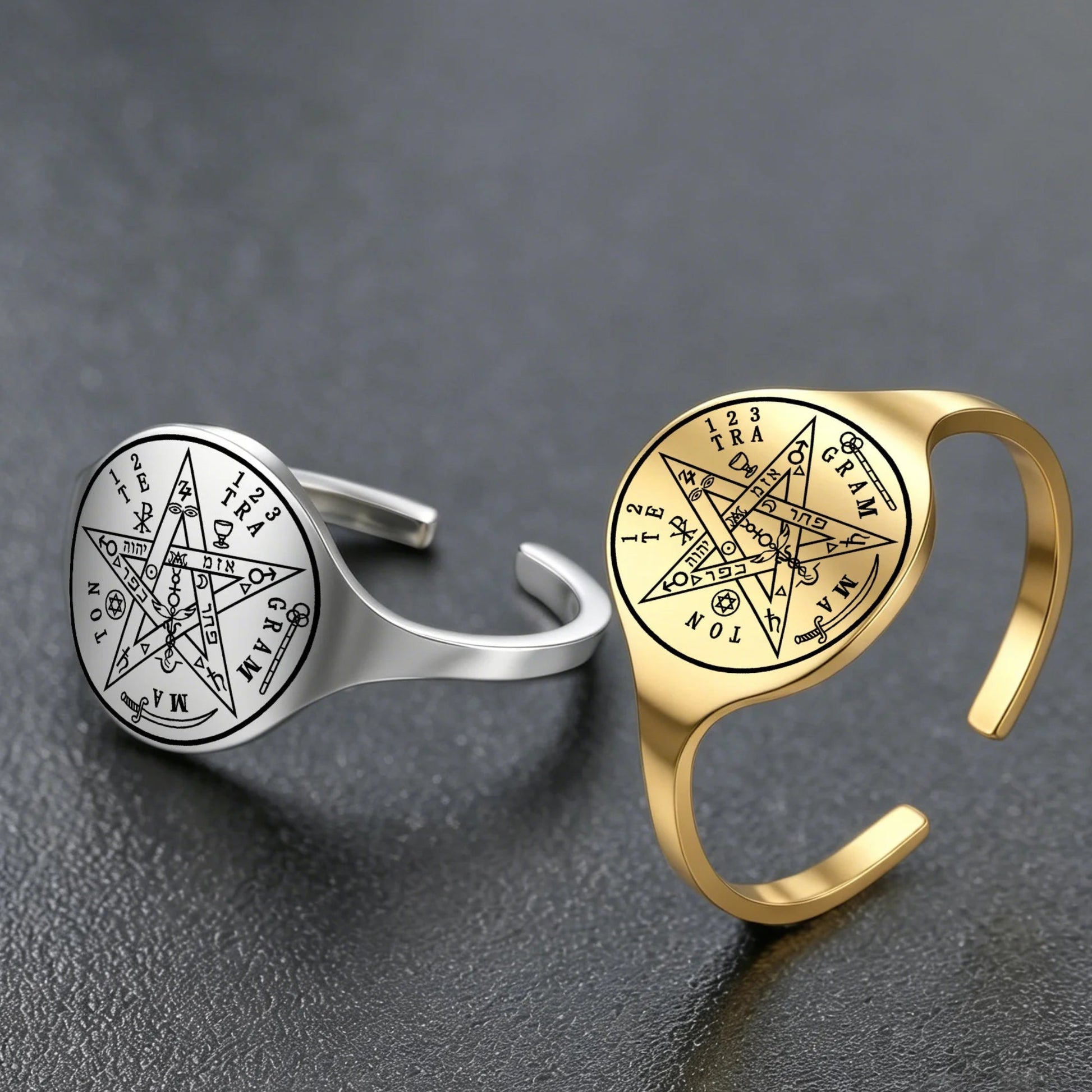 Pentagram protection talisman open signet ring stainless steel – Wiccan occult Tetragrammaton Pagan amulet