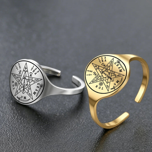 Pentagram protection talisman open signet ring stainless steel – Wiccan occult Tetragrammaton Pagan amulet