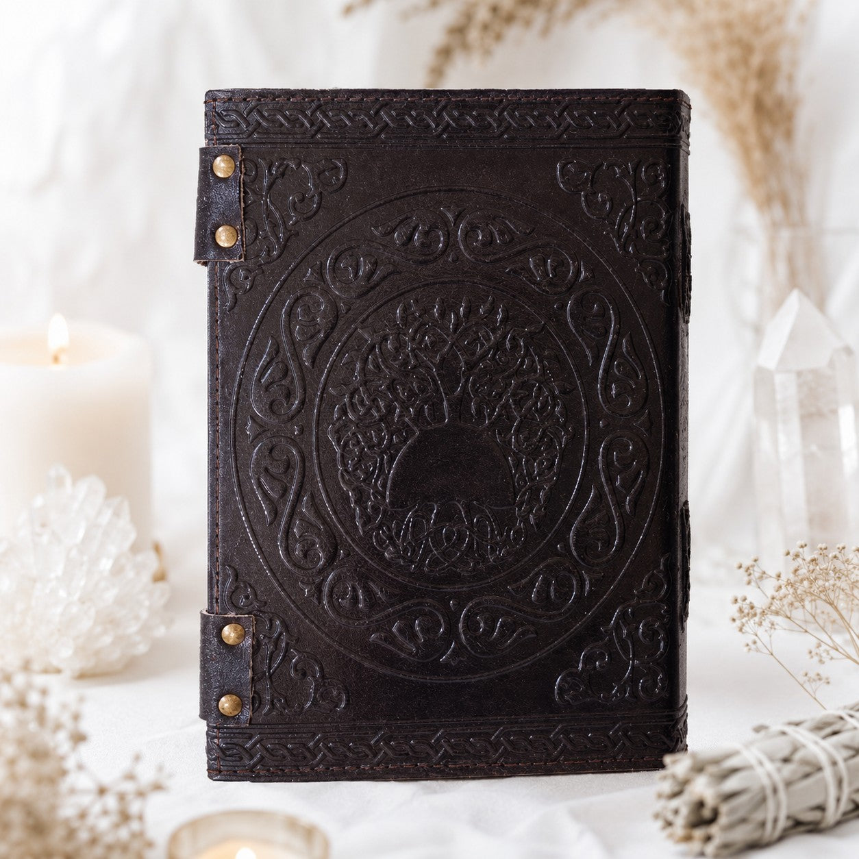 Pentagram Star Stone Leather Journal – Handmade Wiccan Grimoire Large Format – leather journal, open blank pages view