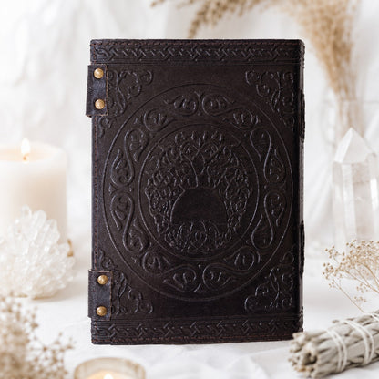 Pentagram Star Stone Leather Journal – Handmade Wiccan Grimoire Large Format – leather journal, open blank pages view