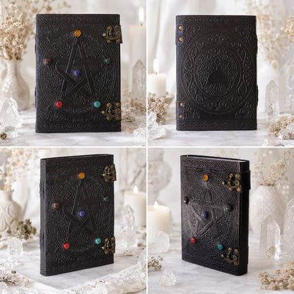 Pentagram Star Stone Leather Journal – Handmade Wiccan Grimoire Large Format – leather journal, close-up cover detail