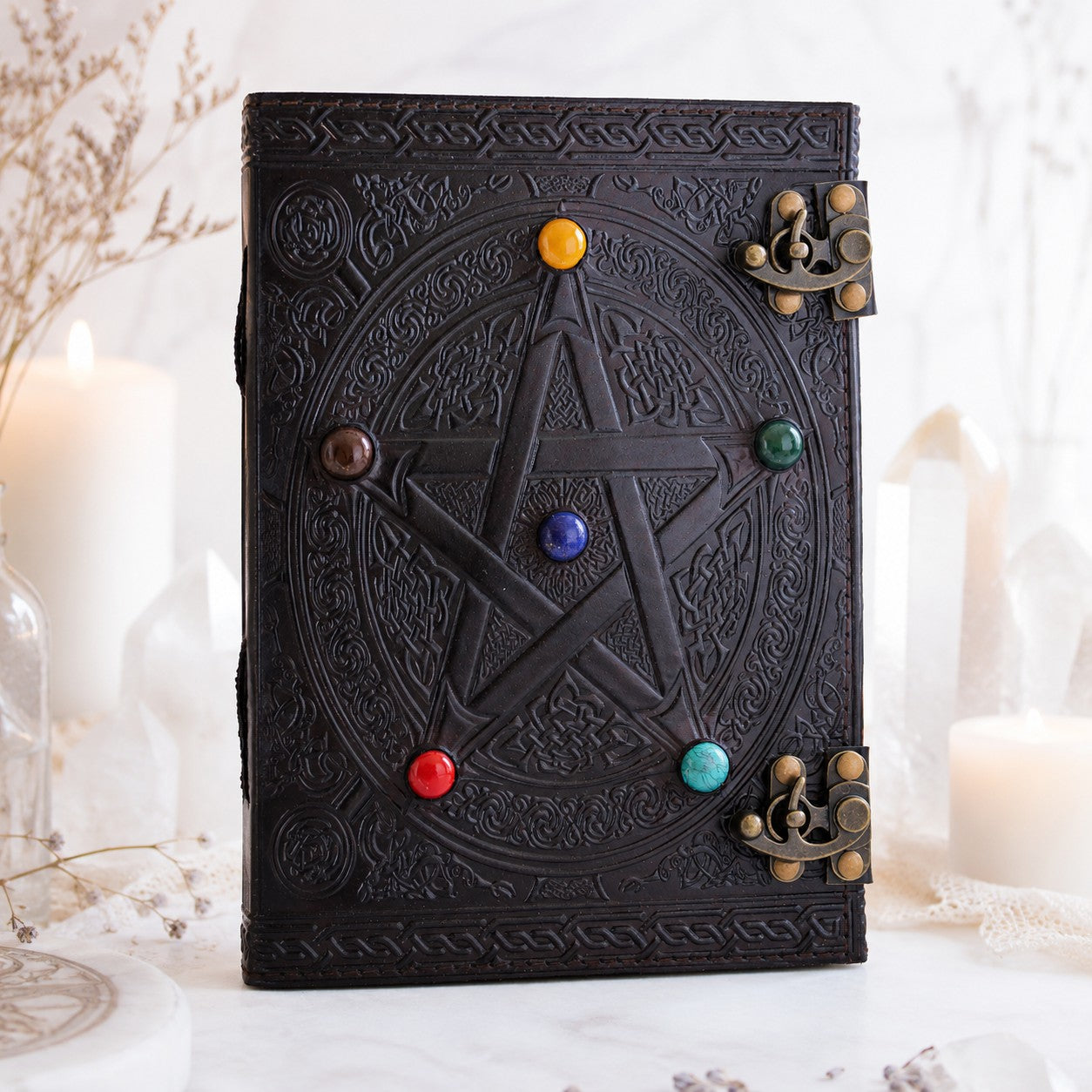 Pentagram Star Stone Leather Journal – Handmade Wiccan Grimoire Large Format – leather journal, front cover view