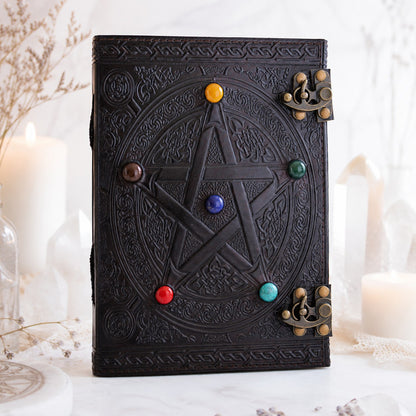 Pentagram Star Stone Leather Journal – Handmade Wiccan Grimoire Large Format – leather journal, front cover view