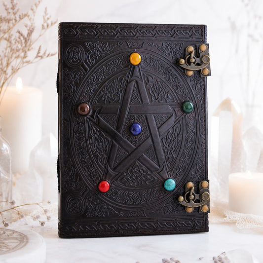 Pentagram Star Stone Leather Journal – Handmade Wiccan Grimoire Large Format – leather journal, front cover view