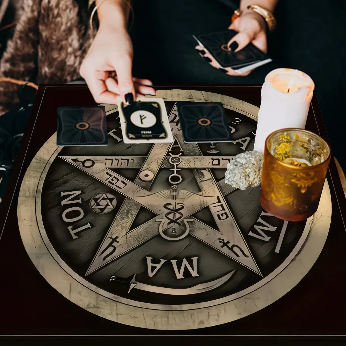 Pentagram Tarot Wheel Altar Cloth with Hebrew Symbols-MoonChildWorld