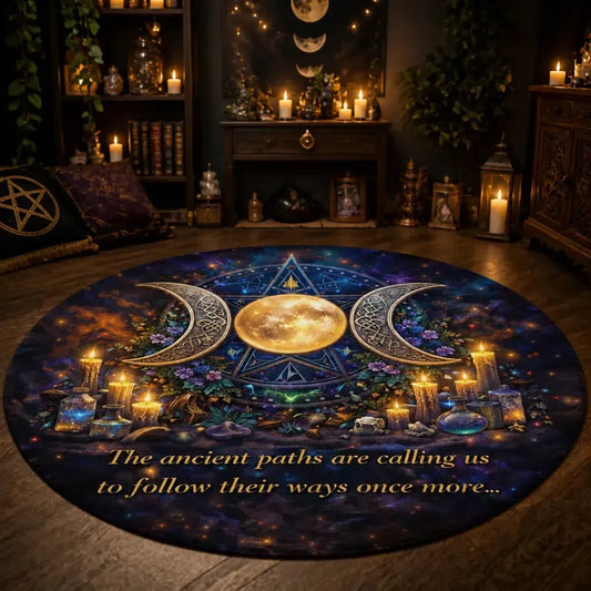 Pentagram Triple Moon Pagan Round Rug Witchcraft Carpet for Wiccan Home Decor_mockup_1.webp