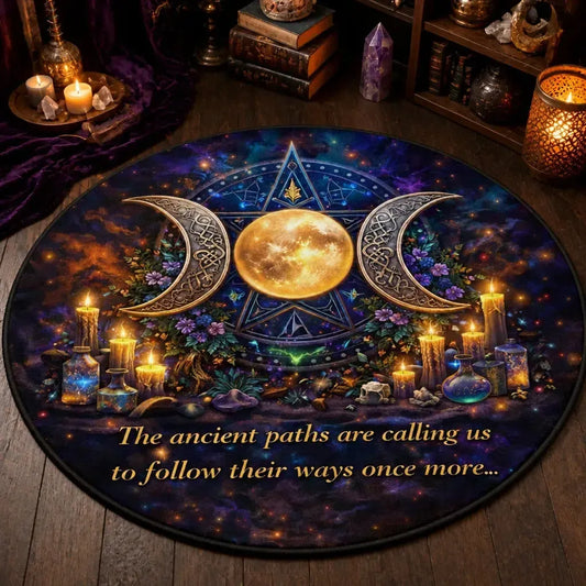 Pentagram Triple Moon Pagan Round Rug Witchcraft Carpet for Wiccan Home Decor_mockup_3.webp