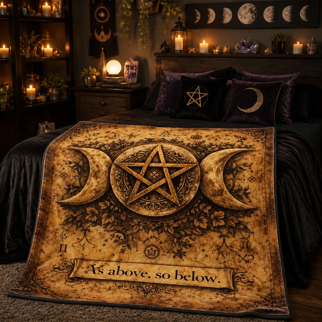 Pentagram Triple Moon Wicca Blanket - Pagan Symbol Blanket "As above so below"_mockup_1.webp