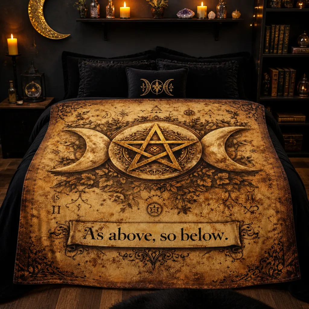 Pentagram Triple Moon Wicca Blanket - Pagan Symbol Blanket "As above so below"_mockup_2.webp