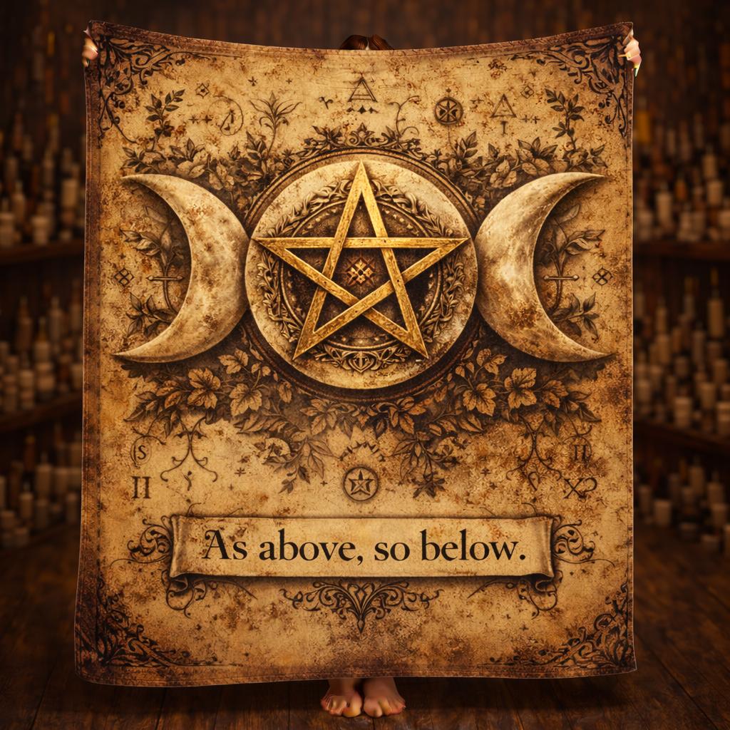 Pentagram Triple Moon Wicca Blanket - Pagan Symbol Blanket "As above so below"-MoonChildWorld