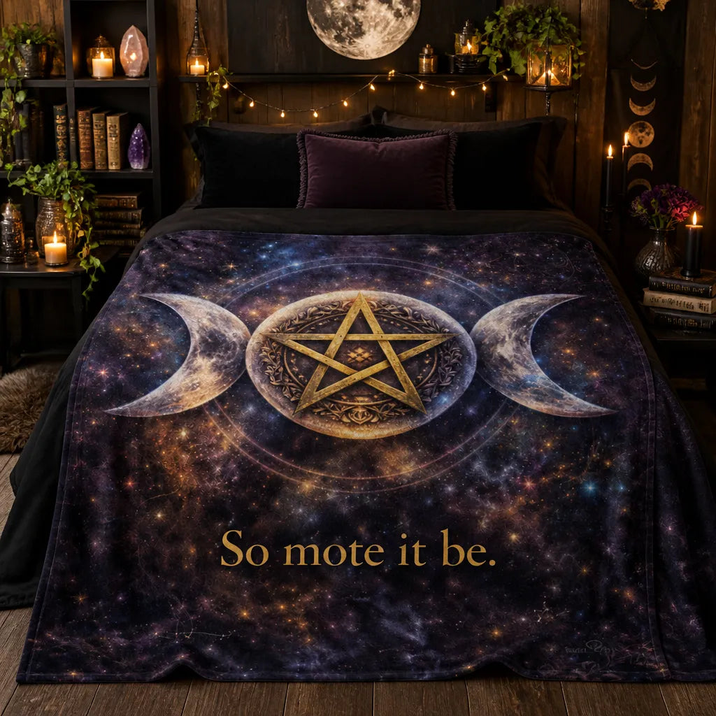 Pentagram Triple Moon Wicca Blanket - Pagan Symbol Blanket "So Mote It Be"_mockup_2.webp