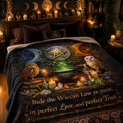 Pentagram Triple Moon Wicca Blanket - Witchy Owls & Cauldron Blanket for Halloween_mockup_1.webp