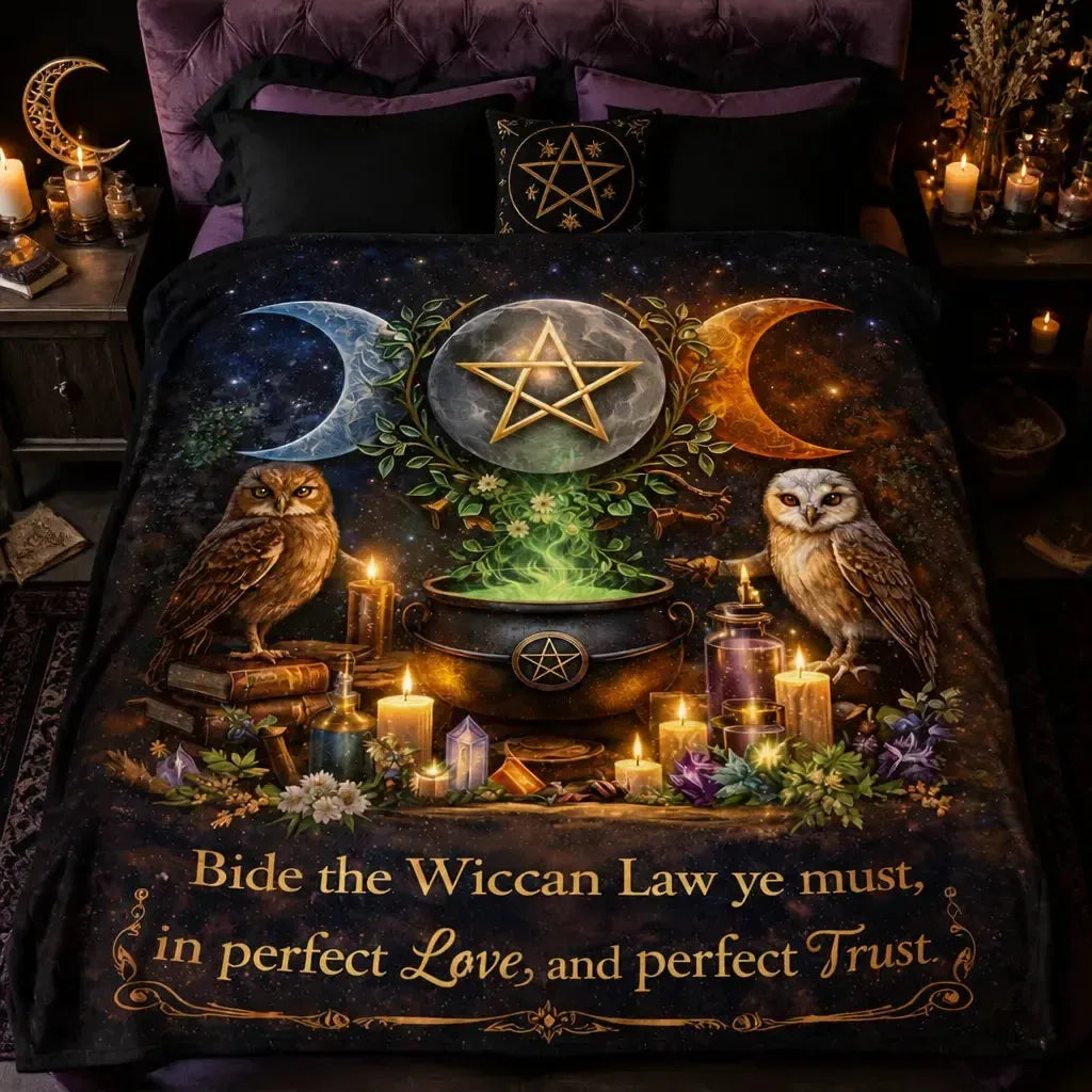 Pentagram Triple Moon Wicca Blanket - Witchy Owls & Cauldron Blanket for Halloween_mockup_2.webp