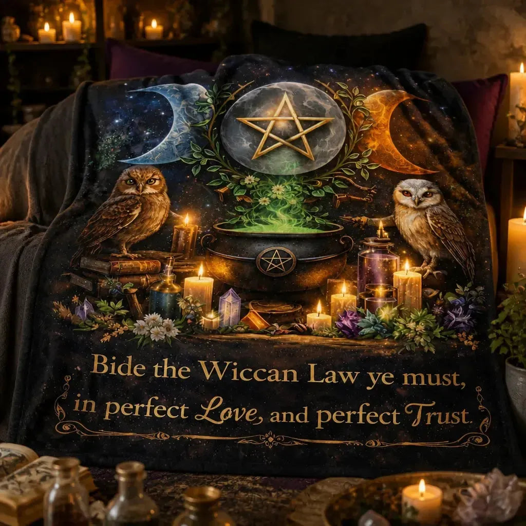 Pentagram Triple Moon Wicca Blanket - Witchy Owls & Cauldron Blanket for Halloween_mockup_3.webp