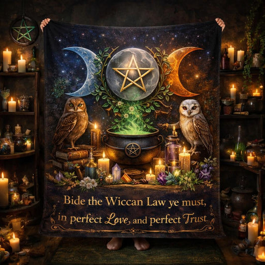 Black Wicca blanket with a gold pentagram, triple moon, two owls, cauldron, and "Bide the Wiccan Law" text.