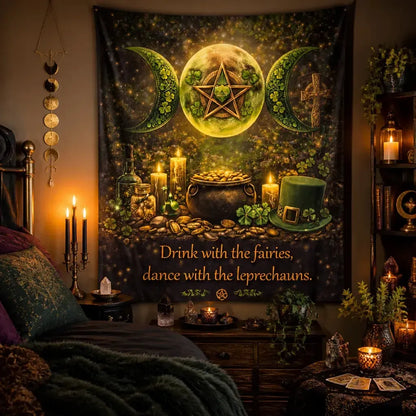 Pentagram Triple Moon Wicca Tapestry for St Patrick Day - Pagan Spiritual Altar Wall Hanging_mockup_1.webp