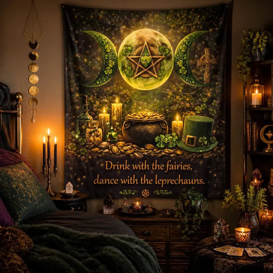 Pentagram Triple Moon Wicca Tapestry for St Patrick Day - Pagan Spiritual Altar Wall Hanging_mockup_1.webp