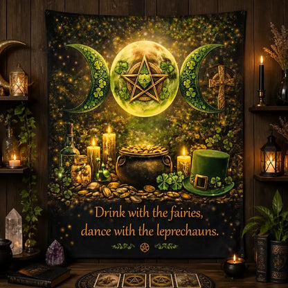 Pentagram Triple Moon Wicca Tapestry for St Patrick Day - Pagan Spiritual Altar Wall Hanging_mockup_2.webp