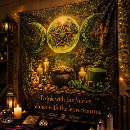 Pentagram Triple Moon Wicca Tapestry for St Patrick Day - Pagan Spiritual Altar Wall Hanging_mockup_3.webp