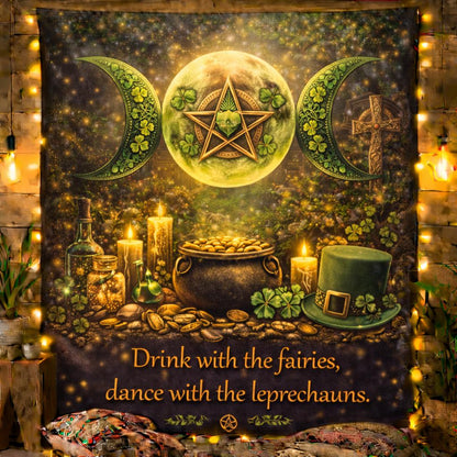 Mystical Pentagram Triple Moon Wicca tapestry with St. Patrick's Day theme, featuring a cauldron, leprechaun hat, and glowing lights.