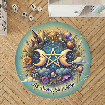 Pentagram Triple Moon Wiccan Round Rug Pagan Carpet for Spiritual Decor-MoonChildWorld