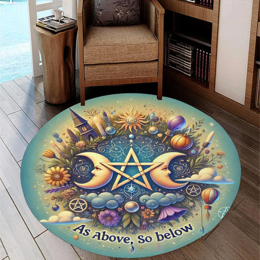 Pentagram Triple Moon Wiccan Round Rug Pagan Carpet for Spiritual Decor-MoonChildWorld