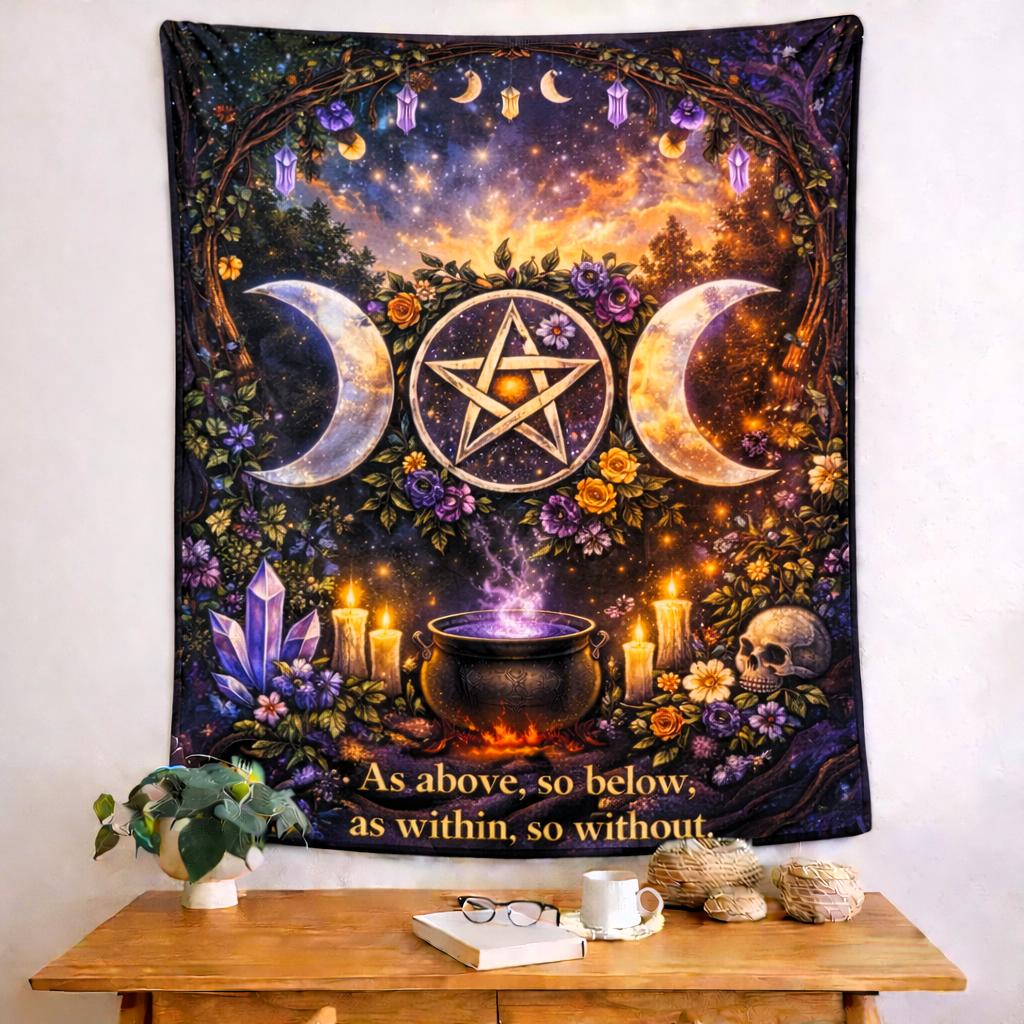 Pentagram & Triple Moon Wiccan Tapestry – Pagan Spiritual Altar Wall Hanging-MoonChildWorld