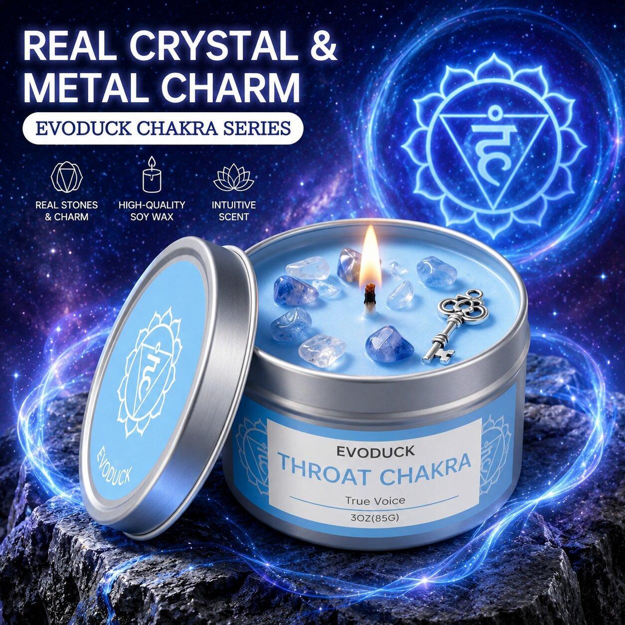 Throat chakra candle with lapis lazuli crystal close-up