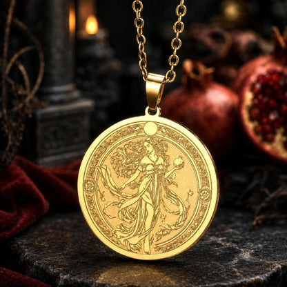 A gold pendant necklace featuring an engraved female figure in flowing robes, displayed on a dark textured surface with candles, a pomegranate, and red fabric in the background.