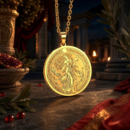 A round gold pendant necklace featuring an engraved classical female figure, hanging from a gold chain against a dark, ornate background with red drapery, stone columns, and warm candlelight.