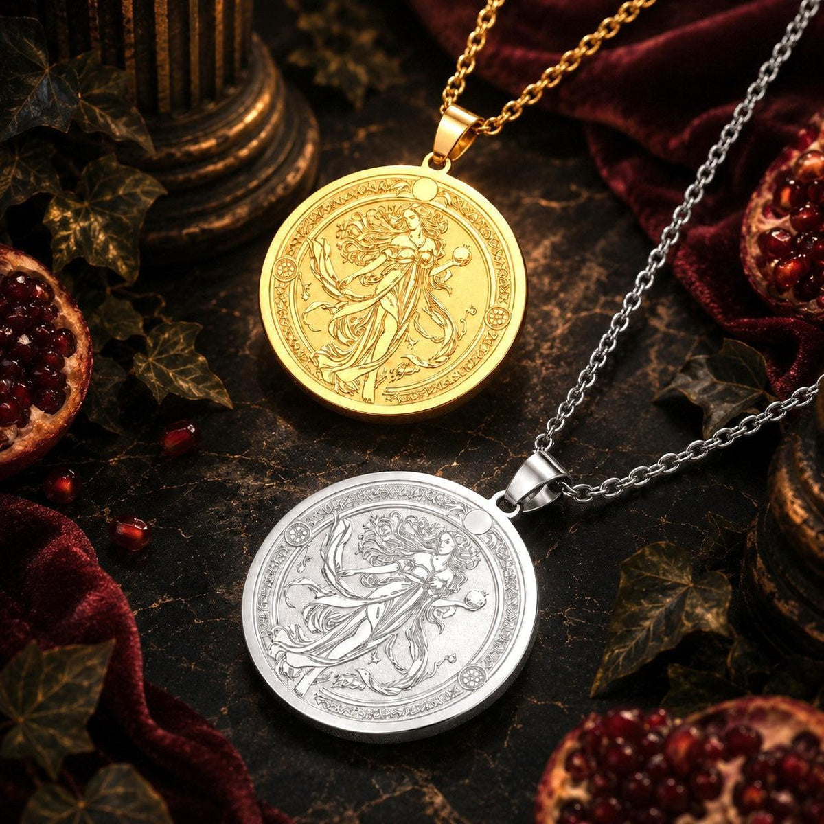 Two round pendant necklaces with engraved winged female figures are displayed on a dark textured surface with red velvet, leaves, and pomegranate props. One pendant is gold-toned on a gold chain, and the other is silver-toned on a silver chain.