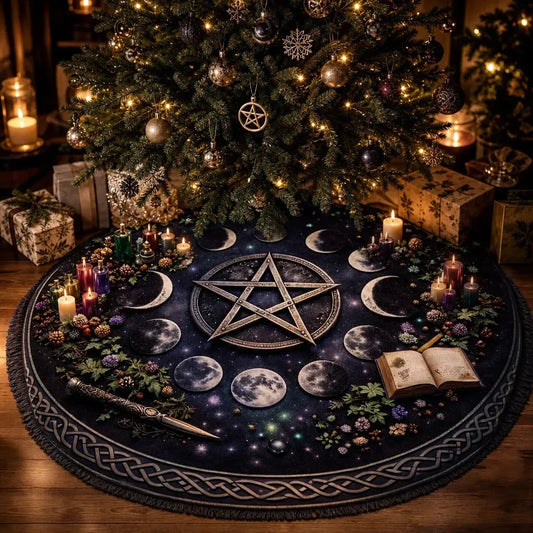 Moon Phases Pentagram Yule Tree Skirt – Pagan Witch Gothic Decor_mockup_1.webp
