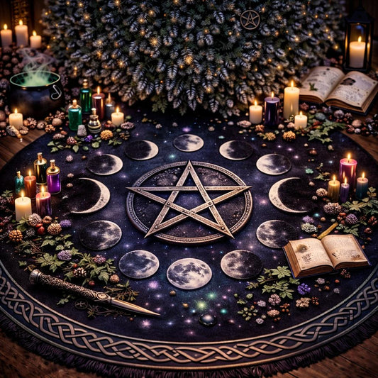 Dark moon phases pentagram gothic tree skirt in deep purple velvet, surrounded by candles and witchy decor.