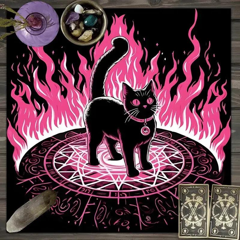 Pink Flame Black Cat Witchy Altar Cloth Witchcraft Tablecloth For Rituals, Tarot Reading & Home Decor-MoonChildWorld