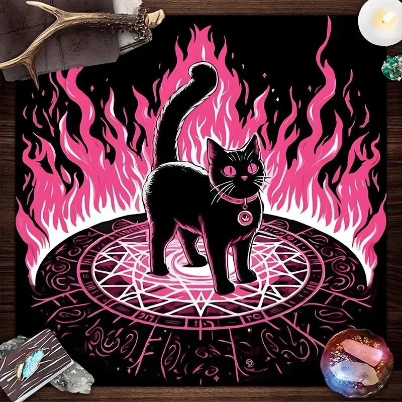Pink Flame Black Cat Witchy Altar Cloth Witchcraft Tablecloth For Rituals, Tarot Reading & Home Decor-MoonChildWorld