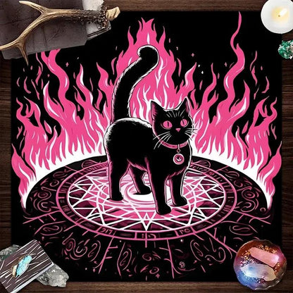 Pink Flame Black Cat Witchy Altar Cloth Witchcraft Tablecloth For Rituals, Tarot Reading & Home Decor-MoonChildWorld