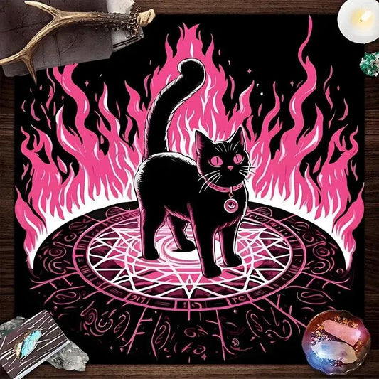 Pink Flame Black Cat Witchy Altar Cloth Witchcraft Tablecloth For Rituals, Tarot Reading & Home Decor-MoonChildWorld