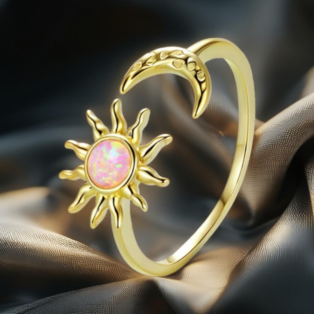 Pink Opal Sun and Moon Ring Celestial Jewelry-MoonChildWorld