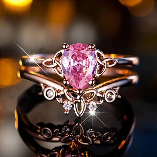 Pink Zircon Crystal Celtic Knot Triple Moon Wiccan Ring Witch Jewelry-MoonChildWorld