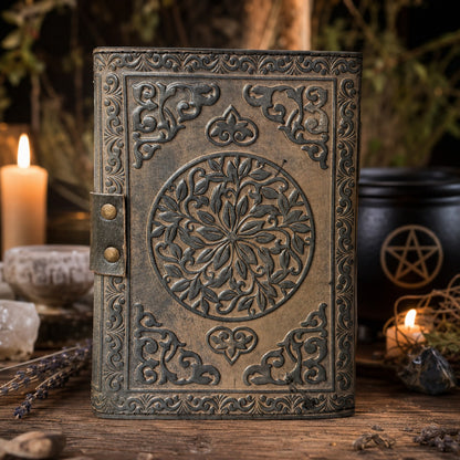 Pirate Compass Leather Journal – Handmade Pagan Grimoire Sketchbook – leather journal, back cover view