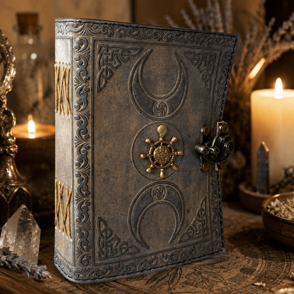 Pirate Compass Leather Journal – Handmade Pagan Grimoire Sketchbook – leather journal, open blank pages view