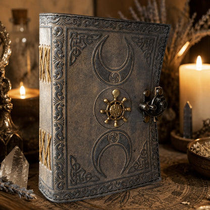 Pirate Compass Leather Journal – Handmade Pagan Grimoire Sketchbook – leather journal, open blank pages view