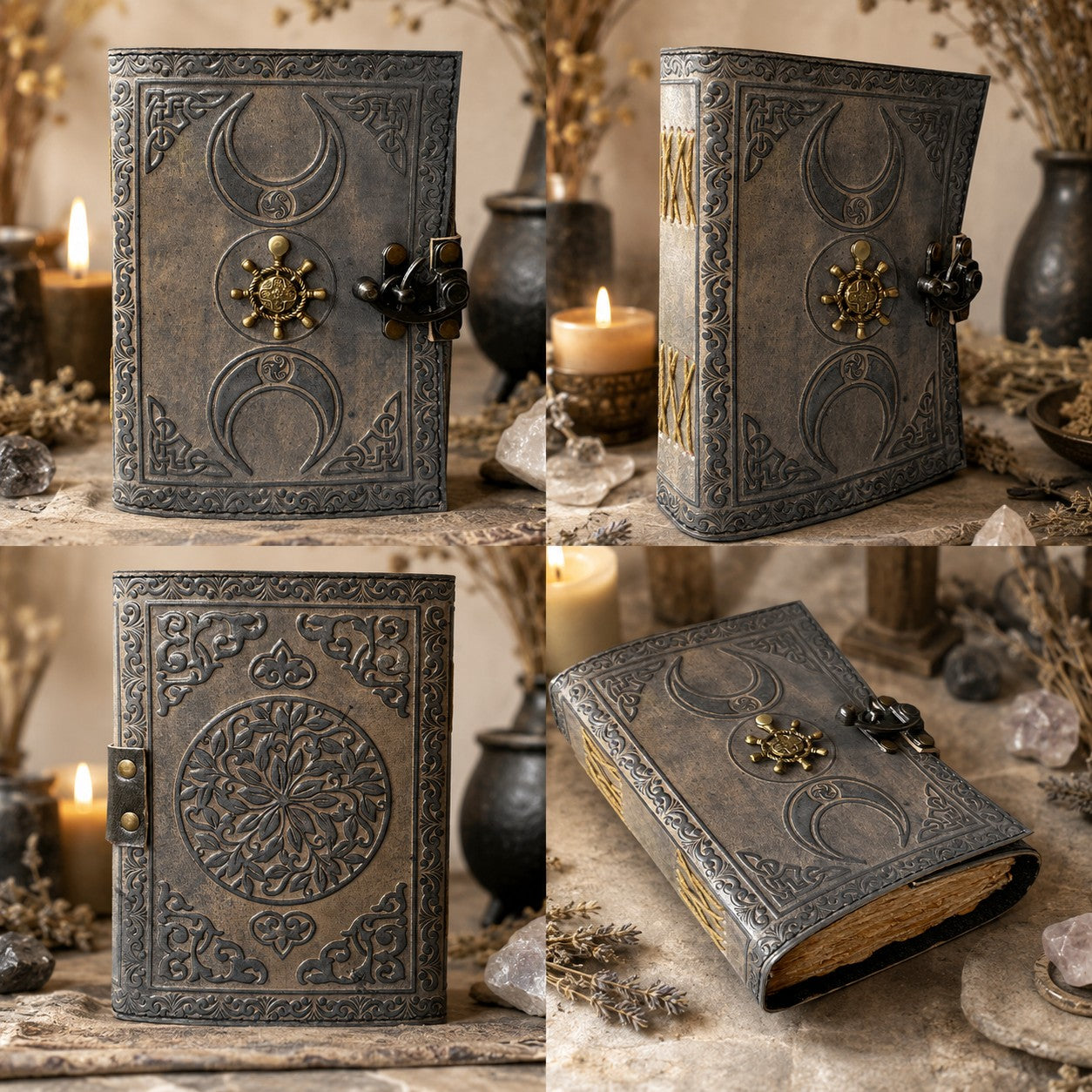 Pirate Compass Leather Journal – Handmade Pagan Grimoire Sketchbook – leather journal, close-up cover detail