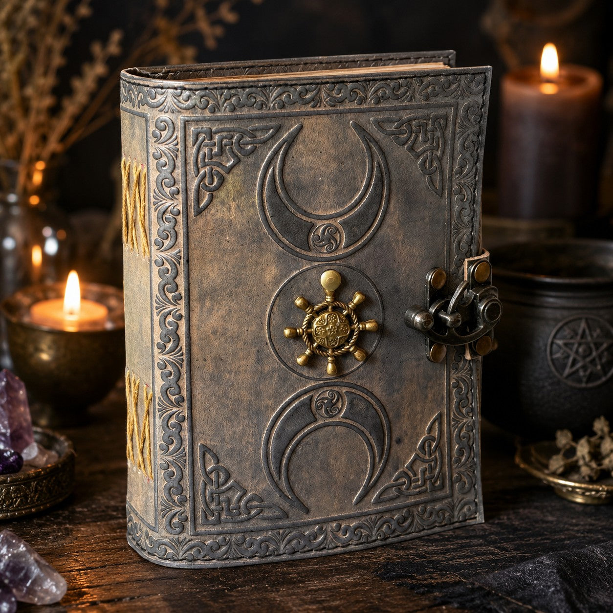 Pirate Compass Leather Journal – Handmade Pagan Grimoire Sketchbook – leather journal, front cover view