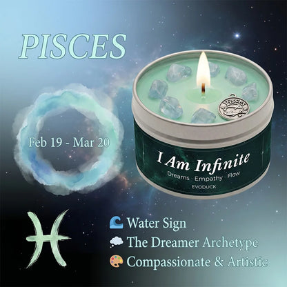 Pisces Zodiac Candle, Feb 19 to Mar 20, with aquamarine crystals in wax - Water Sign, The Dreamer Archetype, Compassionate and Artistic