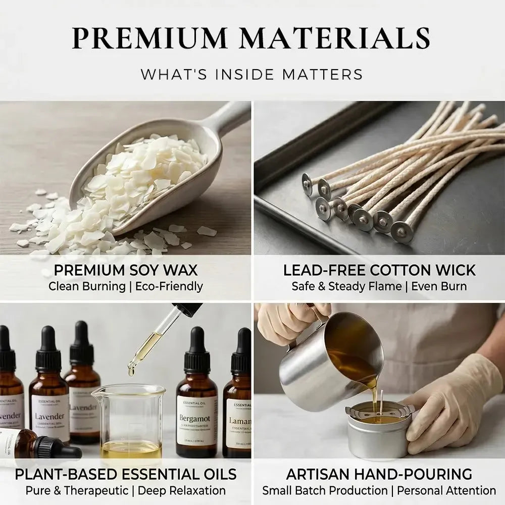Premium Materials infographic - premium soy wax, lead-free cotton wick, plant-based essential oils and artisan hand-pouring process