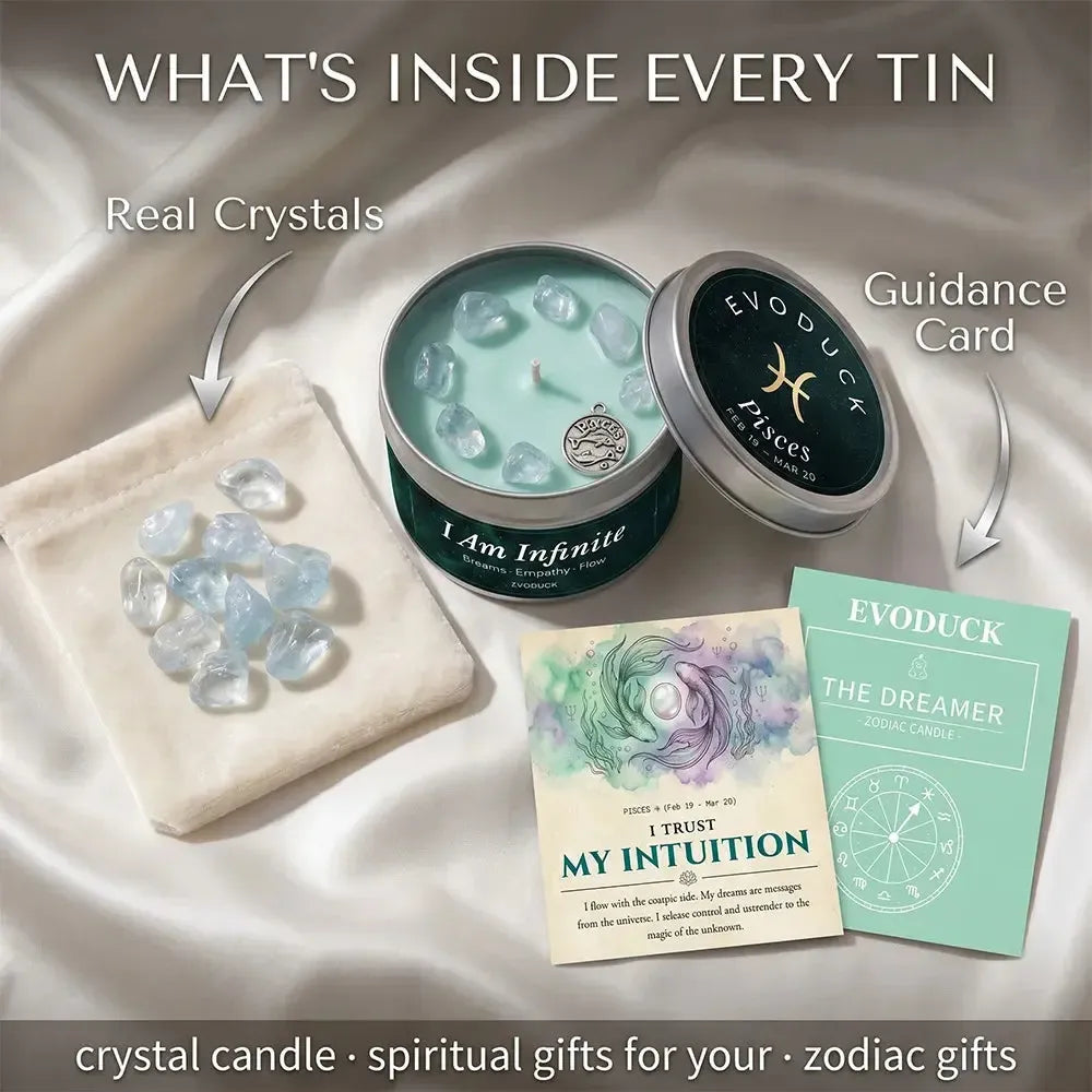 What's Inside Every Tin - Pisces Candle with real aquamarine crystals and I Trust My Intuition, The Dreamer guidance cards