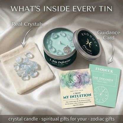 What's Inside Every Tin - Pisces Candle with real aquamarine crystals and I Trust My Intuition, The Dreamer guidance cards