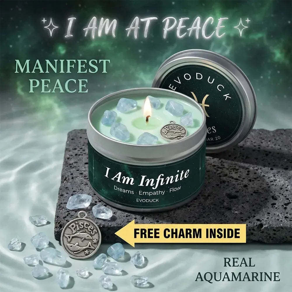 Pisces Candle I Am Infinite with aquamarine crystal chunks and Pisces charm on stone - Manifest Peace, Real Aquamarine, Free Charm Inside