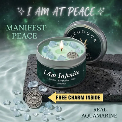 Pisces Candle I Am Infinite with aquamarine crystal chunks and Pisces charm on stone - Manifest Peace, Real Aquamarine, Free Charm Inside